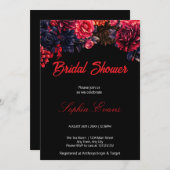 黒と赤のゴシック様式フローラ濃色ブライダルシャワー 招待状 (正面/裏面)