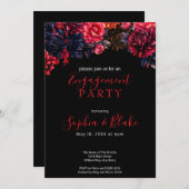 黒と赤のゴシック様式フローラ濃色婚約パーティ 招待状 (正面/裏面)