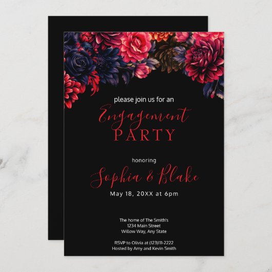 黒と赤のゴシック様式フローラ濃色婚約パーティ 招待状 (正面/裏面)