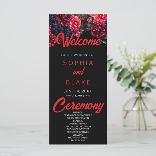 黒と赤のゴシック様式フローラ濃色結婚式 プログラム (スタンド正面)