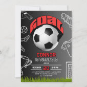 黒と赤のサッカーボール 誕生日パーティー  招待状 (正面)