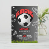 黒と赤のサッカーボール 誕生日パーティー  招待状 (スタンド正面)