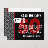 黒と赤のサプライズ50誕生日日付を保存 案内ポストカード (正面/裏面)