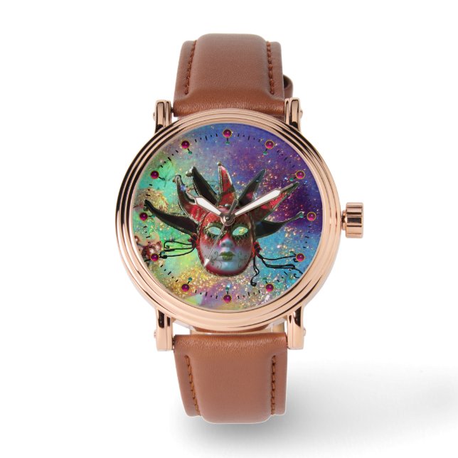 黒と赤のジェスターマスクブルーマスカレードパーティー 腕時計 (正面)