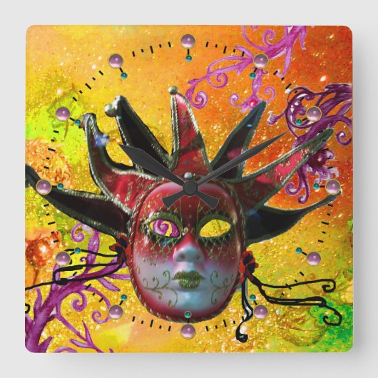 黒と赤のジェスターマスクマスカレードパーティー黄色 スクエア壁時計 (正面)