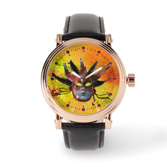 黒と赤のジェスターマスクマスカレードパーティー黄色 腕時計 (正面)