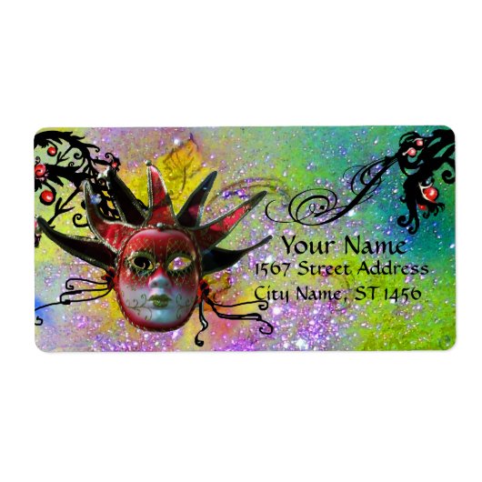 黒と赤のジェスターマスク，仮装パーティー紫 ラベル (正面)