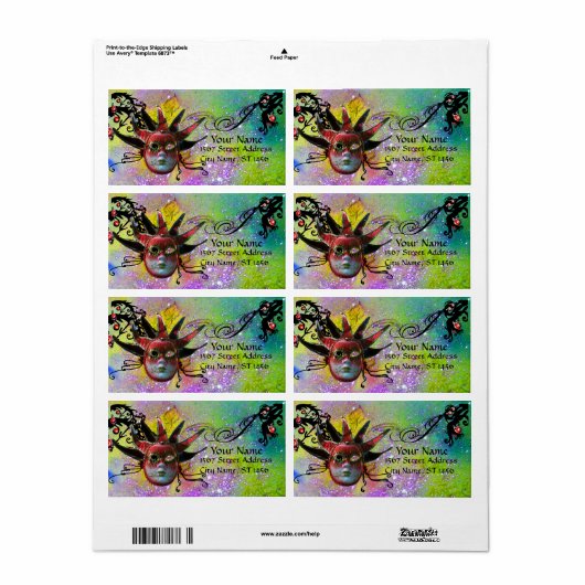 黒と赤のジェスターマスク，仮装パーティー紫 ラベル (フルシート)