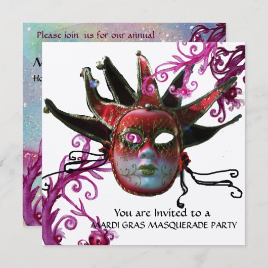 黒と赤のジェスターマスク,仮装パーティー銀 招待状 (正面/裏面)