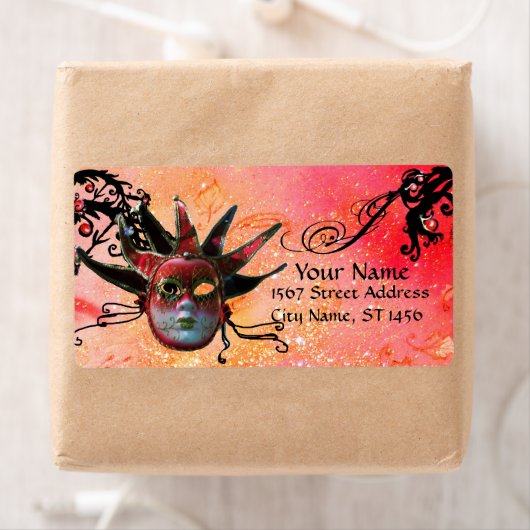 黒と赤のジェスターマスク，仮装パーティー ラベル (インサイチュ)