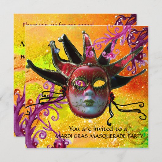 黒と赤のジェスターマスク,仮装パーティー 招待状 (正面/裏面)