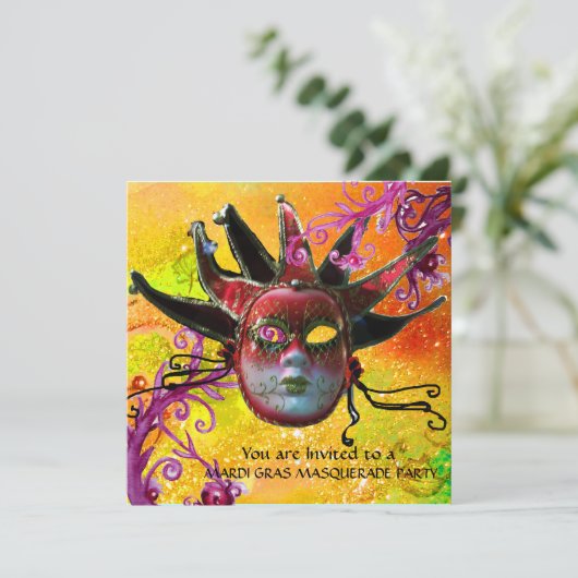 黒と赤のジェスターマスク，仮装パーティー 招待状 (スタンド正面)