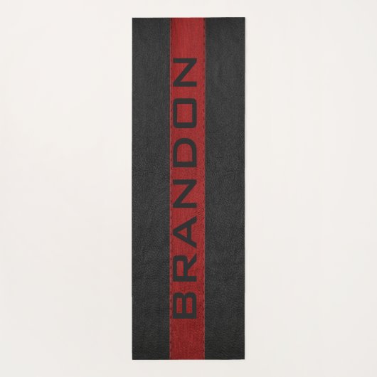 黒と赤のステッチされたレザーのストライプ ヨガマット (裏面)