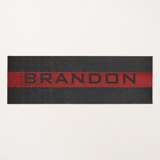 黒と赤のステッチされたレザーのストライプ ヨガマット (正面(横))