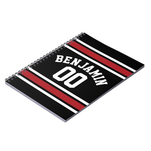 黒と赤のスポーツジャージ カスタム名と番号 ノートブック (左側)