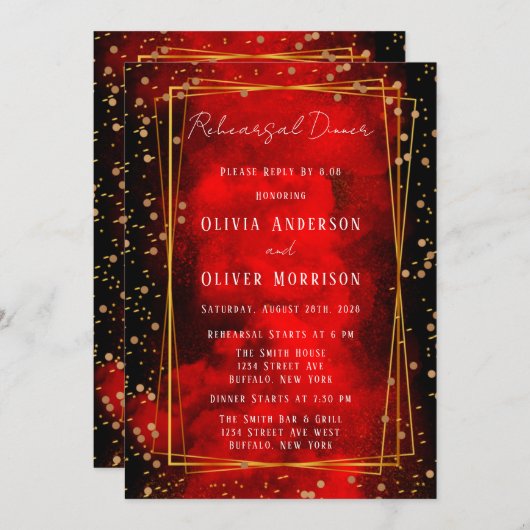 黒と赤のスモーキー幾何リハーサルディナー 招待状 (正面/裏面)