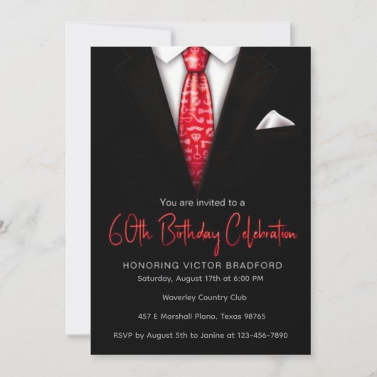 黒と赤のタキシード誕生日イベント招待状 招待状 (正面)