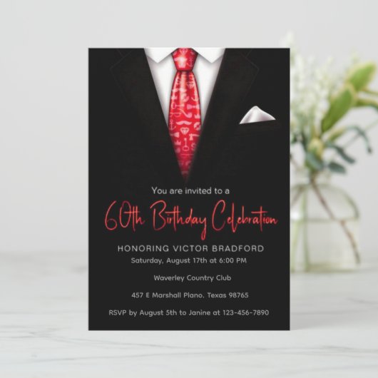 黒と赤のタキシード誕生日イベント招待状 招待状 (スタンド正面)