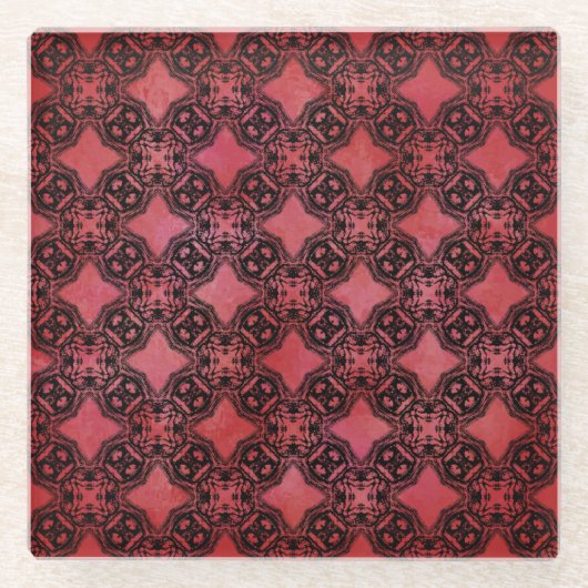 黒と赤のダイヤモンドチェーンパターンガラスコースター ガラスコースター (正面)