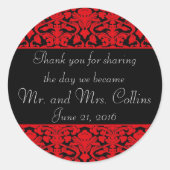 黒と赤のダマスクありがとうステッカー ラウンドシール (正面)