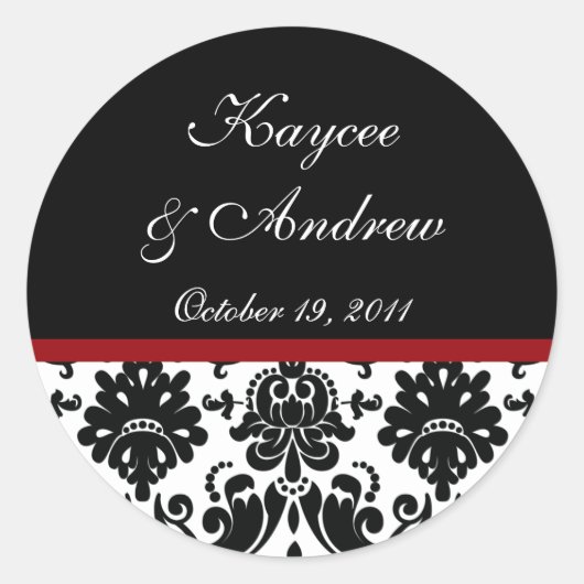 黒と赤のダマスクのウェディングステッカー ラウンドシール (正面)