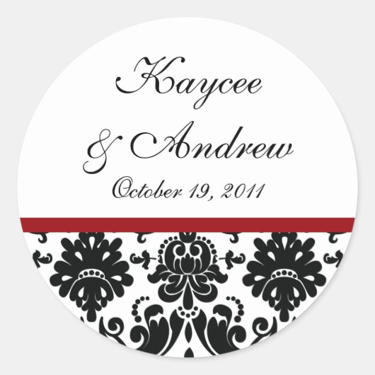 黒と赤のダマスクのウェディングステッカー ラウンドシール (正面)