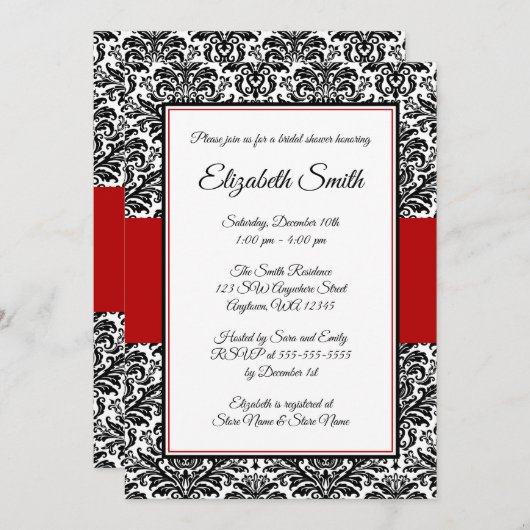 黒と赤のダマスクのブライダルシャワー招待状 招待状 (正面/裏面)