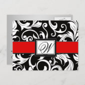 黒と赤のダマスクの結婚式の日付はがきを保存 案内ポストカード (正面/裏面)