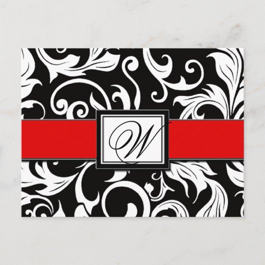 黒と赤のダマスクの結婚式の日付はがきを保存 案内ポストカード (正面)