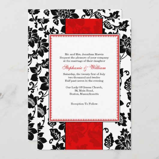 黒と赤のダマスクウェディング招待状 招待状 (正面/裏面)