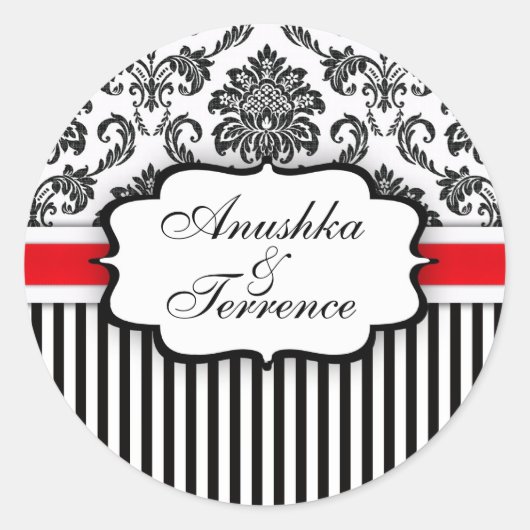 黒と赤のダマスクストライプの結婚ステッカー ラウンドシール (正面)