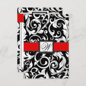 黒と赤のダマスク柄の結婚式の出欠確認カード 出欠カード (正面/裏面)