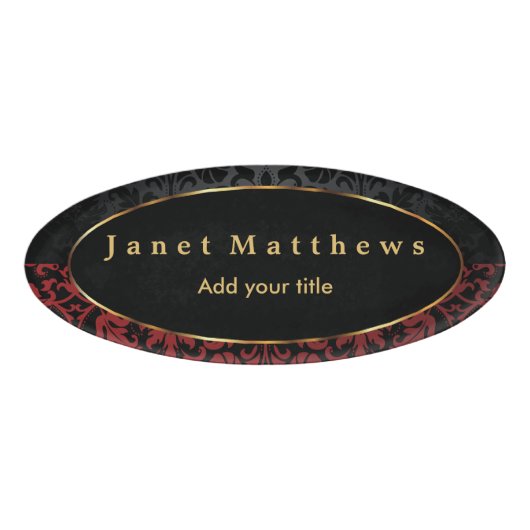 黒と赤のダマスク、金ゴールドトリムデザイン2 名札 (正面)