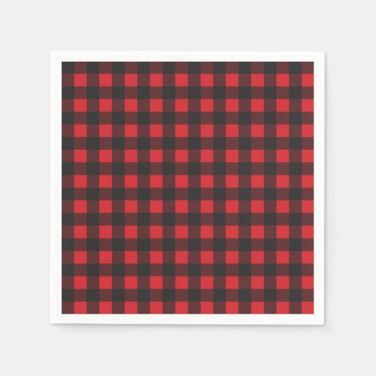 黒と赤のバッファローチェックのプレイド スタンダードカクテルナプキン (正面)