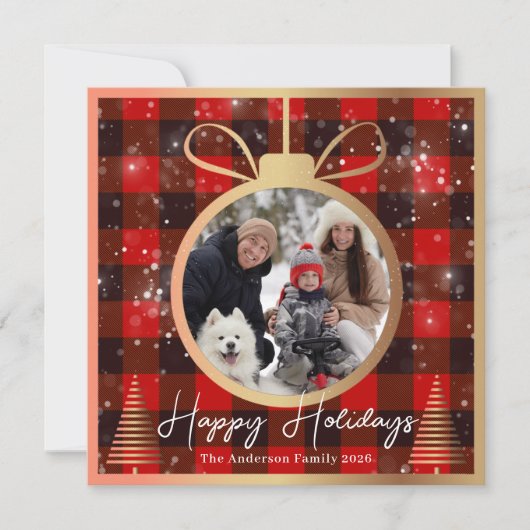 黒と赤のバッファロープレイドクリスマスオーナメントフォト シーズンカード (正面)
