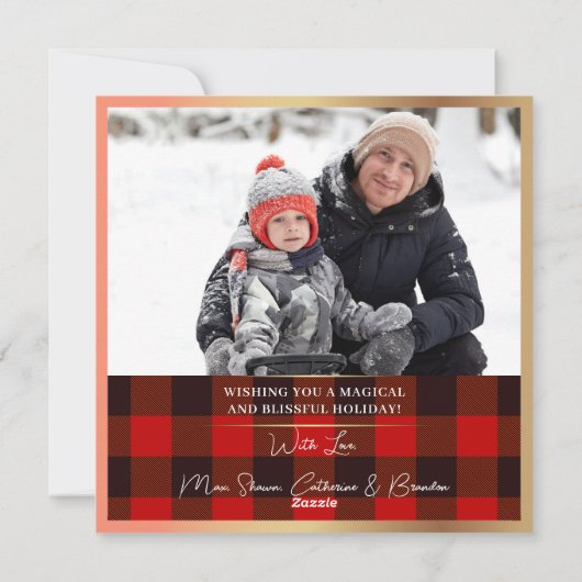 黒と赤のバッファロープレイドクリスマスオーナメントフォト シーズンカード (裏面)