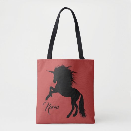 黒と赤のパーソナライズされた魔法育成ユニコーン トートバッグ (正面)