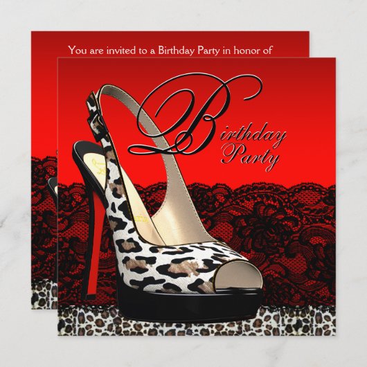 黒と赤のヒョウバースデーパーティ招待状 招待状 (正面/裏面)