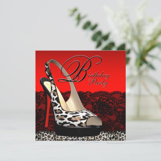 黒と赤のヒョウバースデーパーティ招待状 招待状 (スタンド正面)