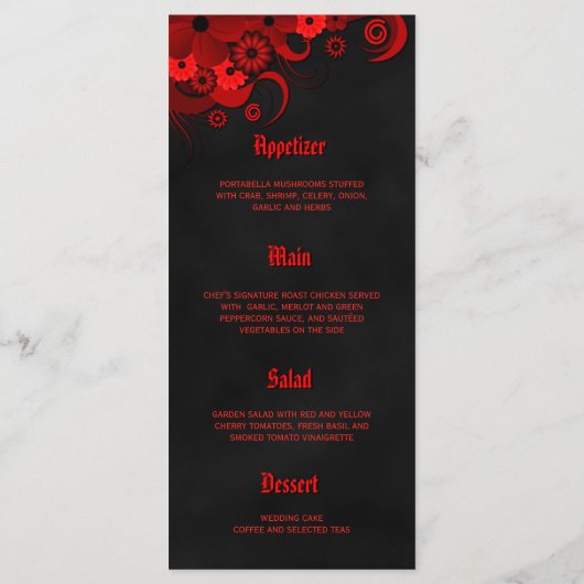 黒と赤のフローラの結婚ディナーメニューカード メニュー (裏面)