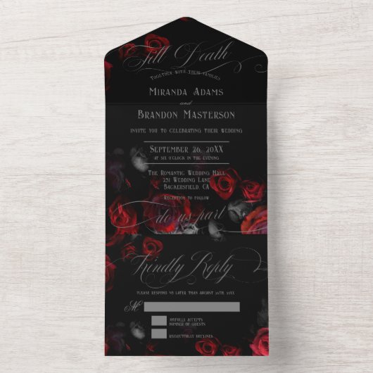 黒と赤のフローラをすべて1つの結婚式招待状 オールインワン招待状 (内側)