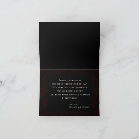 黒と赤のフローラゴシックのダークエレガントな結婚式 サンキューカード (内部)