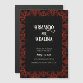 黒と赤のフローラゴシックの結婚式の日付を保存 マグネット招待状 (正面/裏面)