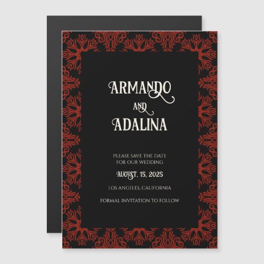 黒と赤のフローラゴシックの結婚式の日付を保存 マグネット招待状 (正面/裏面)