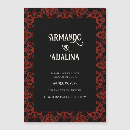 黒と赤のフローラゴシックの結婚式の日付を保存 マグネット招待状 (正面)