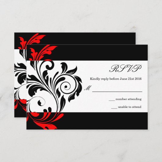 黒と赤のフローラスワール結婚式RSVP 出欠カード (正面/裏面)