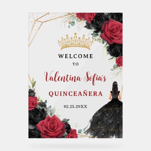 黒と赤のフローラプリンセスキンセアニラウェルカム アクリルサイン (正面)