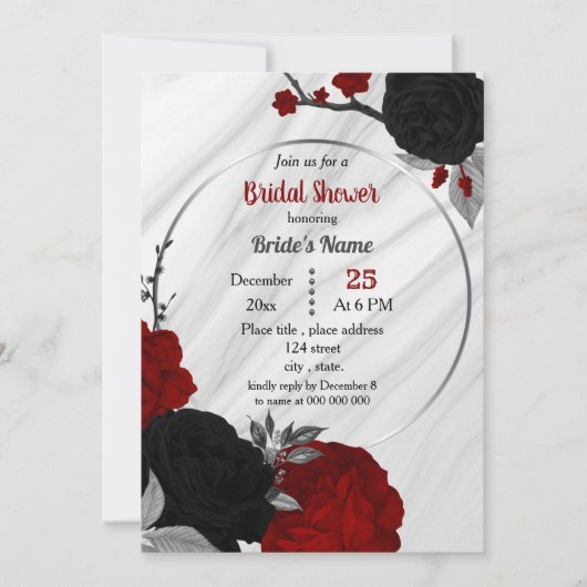 黒と赤のフローラ幾何学的ブライダルシャワーの入力 招待状 (正面)
