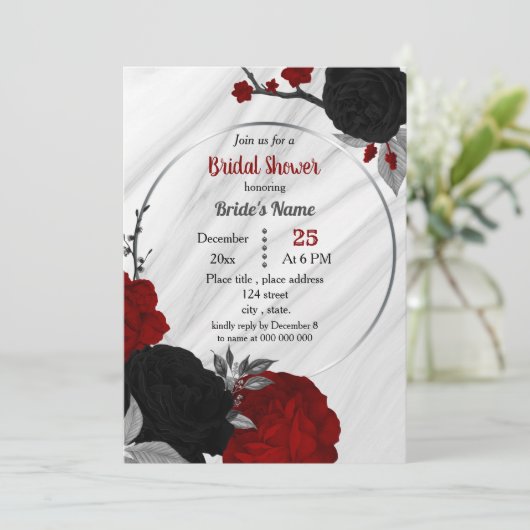 黒と赤のフローラ幾何学的ブライダルシャワーの入力 招待状 (スタンド正面)