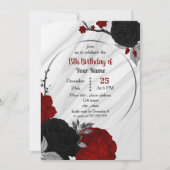 黒と赤のフローラ幾何学誕生日パーティー 招待状 (正面)